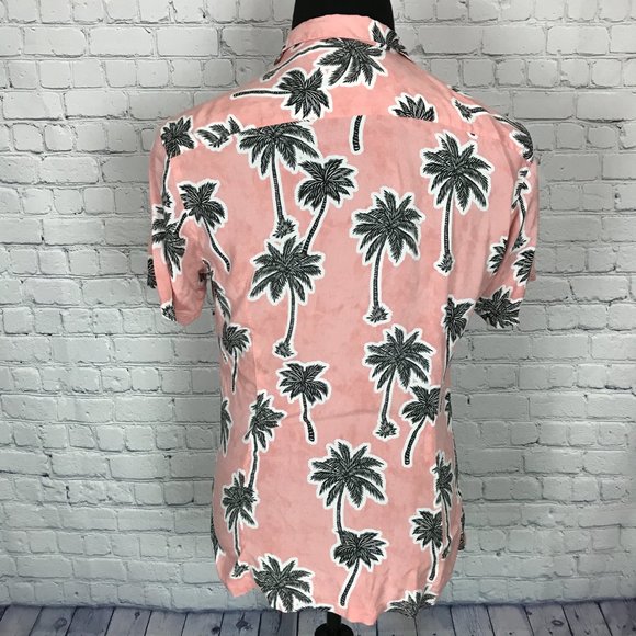 Zara Man Relaxed Fit Coral Black White Hawaiian Short-Sleeve Shirt - Picture 4 of 5